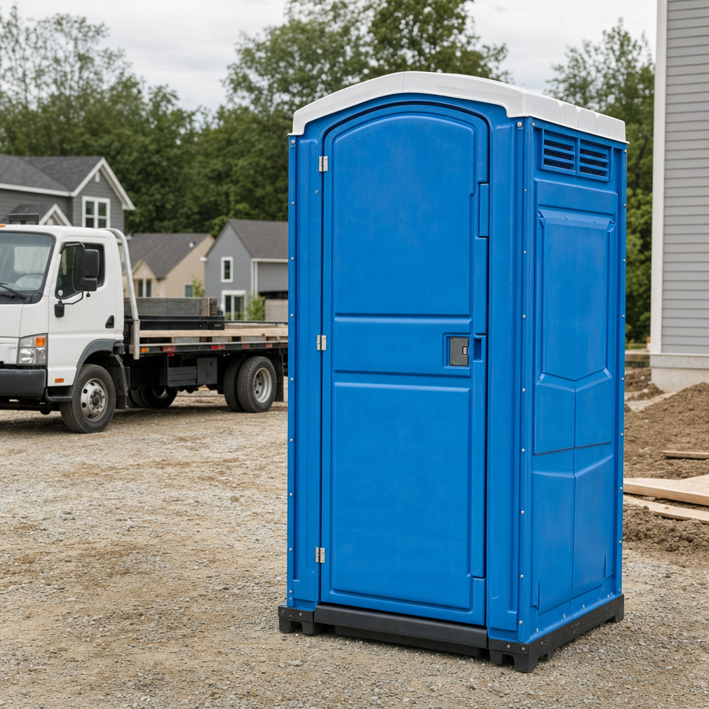 Delivery driver positioning a clean royal-blue portable toilet on level ground at a San Francisco worksite